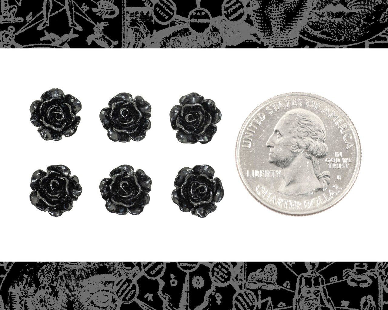 Black Miniature Full Blooming Rose Cameo Cabochons 9mm - Set of Six - Flwr117